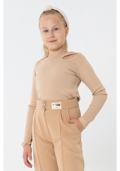 Kız Çocuk Uzun Kollu Tişört Omuz Dekolte Detaylı 9-14 Yaş, Koyu Bej fiyatları