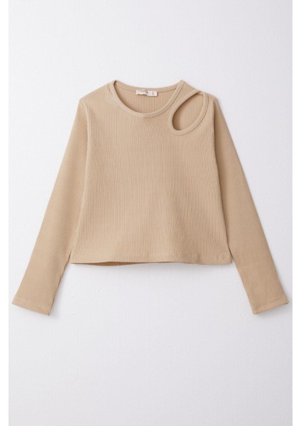 Kız Çocuk Uzun Kollu Tişört Omuz Dekolte Detaylı 9-14 Yaş, Koyu Bej modelleri