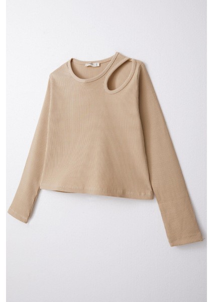 Kız Çocuk Uzun Kollu Tişört Omuz Dekolte Detaylı 9-14 Yaş, Koyu Bej indirimleri