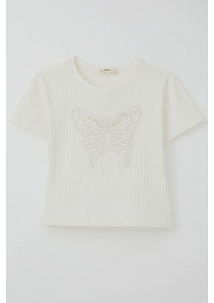 Kız Çocuk Tişört Kelebek Armalı Inci & Pul Detaylı 9-14 Yaş, Ekru