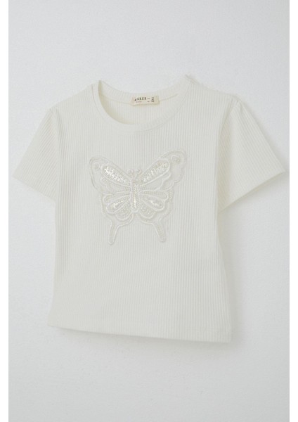 Kız Çocuk Tişört Kelebek Armalı Inci & Pul Detaylı 9-14 Yaş, Ekru modelleri
