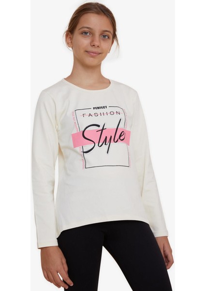 Kız Çocuk Uzun Kollu Tişört Taşlı Yazı Baskılı 6-12 Yaş, Krem