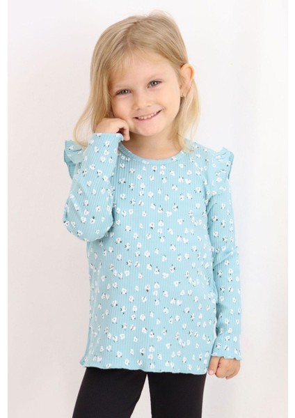 Kız Çocuk Uzun Kollu Tişört Çiçek Desenli Omuzu Fırfırlı 2-6 Yaş, Su Yeşili