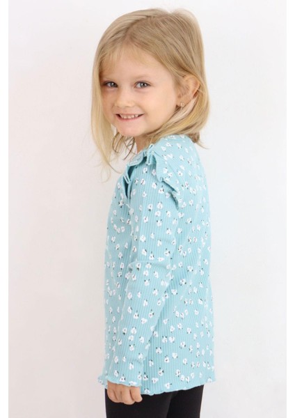 Kız Çocuk Uzun Kollu Tişört Çiçek Desenli Omuzu Fırfırlı 2-6 Yaş, Su Yeşili modelleri