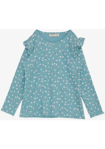 Kız Çocuk Uzun Kollu Tişört Çiçek Desenli Omuzu Fırfırlı 2-6 Yaş, Su Yeşili fırsatları