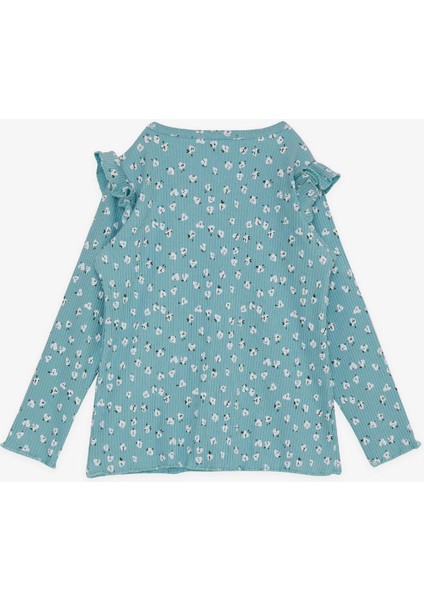 Kız Çocuk Uzun Kollu Tişört Çiçek Desenli Omuzu Fırfırlı 2-6 Yaş, Su Yeşili indirimleri