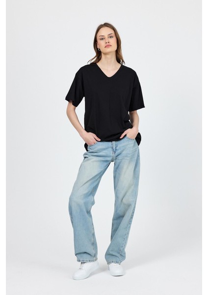 Siyah V Yaka %100 Pamuk Comfort Fit Tişört 2143M modelleri