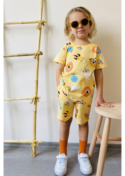 Erkek Çocuk Şortlu Takım Uzay Desenli Astronot Hayvancıklar Baskılı 1.5-5 Yaş, Sarı