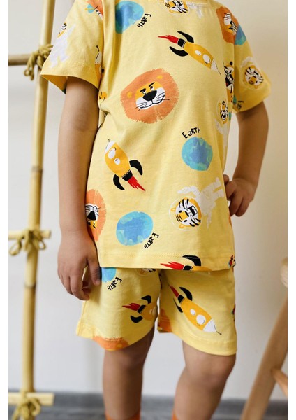 Erkek Çocuk Şortlu Takım Uzay Desenli Astronot Hayvancıklar Baskılı 1.5-5 Yaş, Sarı fırsatları