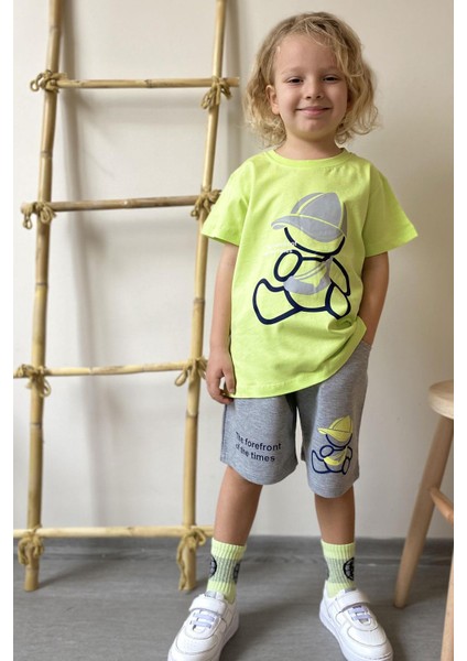 Erkek Çocuk Şortlu Takım Şapkalı Ayıcık Baskılı 2-6 Yaş, Fıstık Yeşili