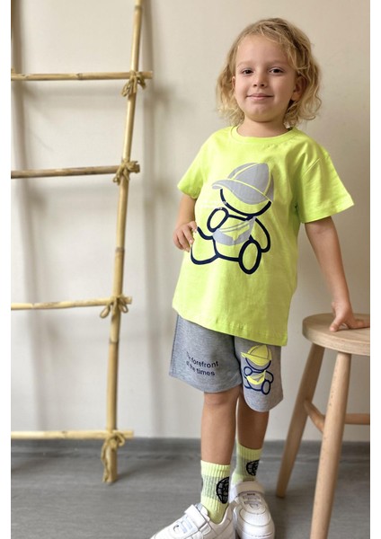 Erkek Çocuk Şortlu Takım Şapkalı Ayıcık Baskılı 2-6 Yaş, Fıstık Yeşili modelleri