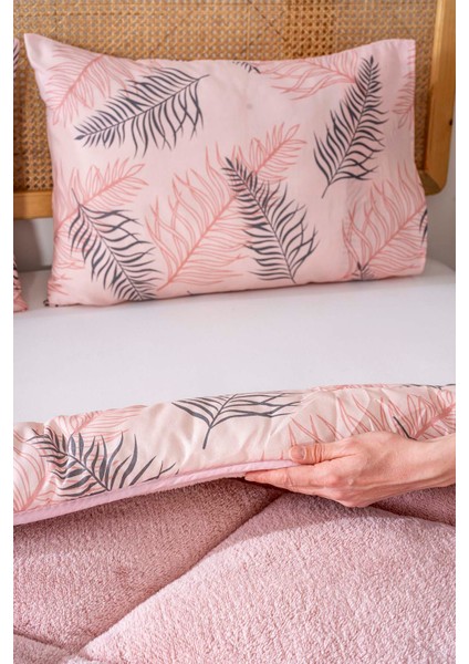 Pudra Yaprak Loura Tek Kişilik Çift Taraflı Lüx Wellsoft Yorgan Seti 155x215 cm fırsatları