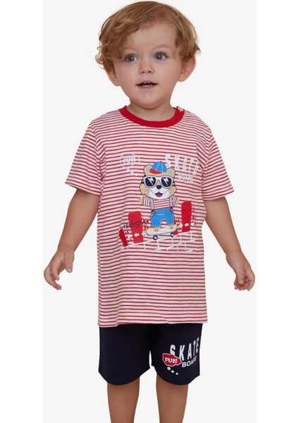 Girls & Boys Erkek Çocuk Şortlu Takım Çizgili Havalı Hayvancık Baskılı 1.5-5 Yaş, Kırmızı