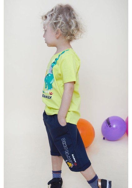 Girls & Boys Erkek Çocuk Şortlu Takım Mutlu Dinozor Aile Baskılı 1-4 Yaş, Sarı