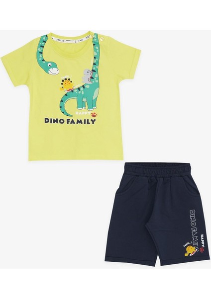 Girls & Boys Erkek Çocuk Şortlu Takım Mutlu Dinozor Aile Baskılı 1-4 Yaş, Sarı