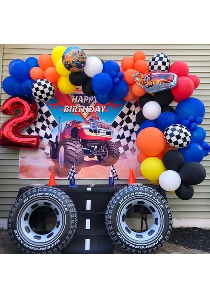1 Adet Hot Wheels Doğum Günü Şişme Balon Araba Yarışı Tema Damalı Bayrak Trafik Konisi Kek Dekorasyon Malzemeleri (Yurt Dışından)