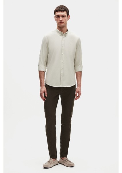 Slim Fit Adaçayi Oxford Düğmeli Yaka Kolay Ütülenebilir Nakış Detaylı Pamuklu Gömlek 4HC02ORT03265