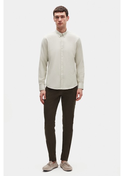 Slim Fit Adaçayi Oxford Düğmeli Yaka Kolay Ütülenebilir Nakış Detaylı Pamuklu Gömlek 4HC02ORT03265