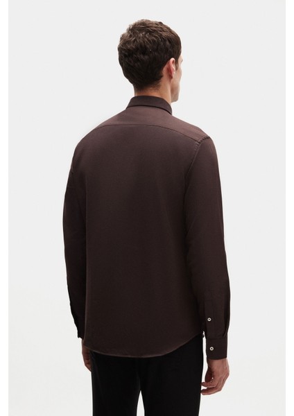 Slim Fit Acı Kahve Oxford Düğmeli Yaka Kolay Ütülenebilir Nakış Detaylı Pamuklu Gömlek 4HC02ORT03265 modelleri
