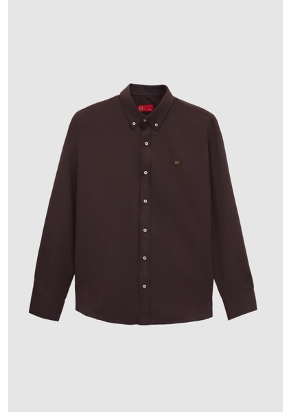 Slim Fit Acı Kahve Oxford Düğmeli Yaka Kolay Ütülenebilir Nakış Detaylı Pamuklu Gömlek 4HC02ORT03265 indirimleri
