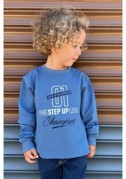 Erkek Çocuk Sweatshirt Yazı Baskılı 4-8 Yaş, Indigo