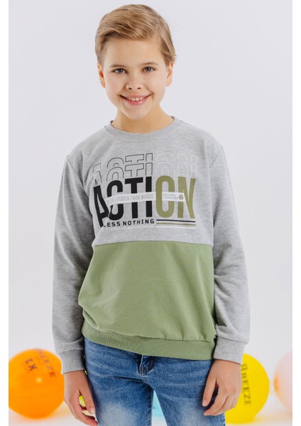 Girls & Boys Erkek Çocuk Sweatshirt Yazı Baskılı 8-12 Yaş, Açık Gri Melanj