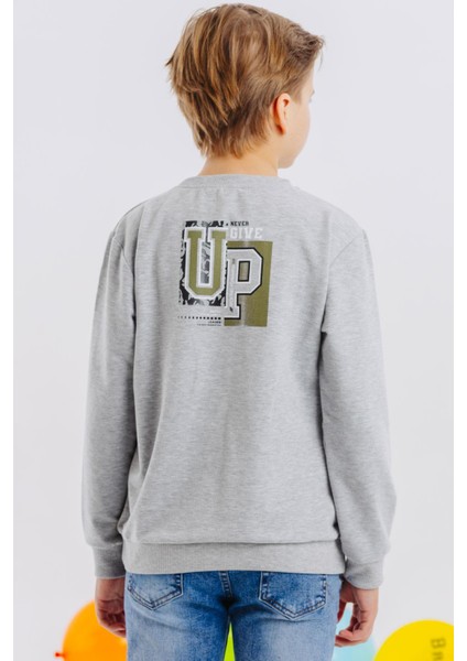 Girls & Boys Erkek Çocuk Sweatshirt Yazı Baskılı 8-12 Yaş, Açık Gri Melanj
