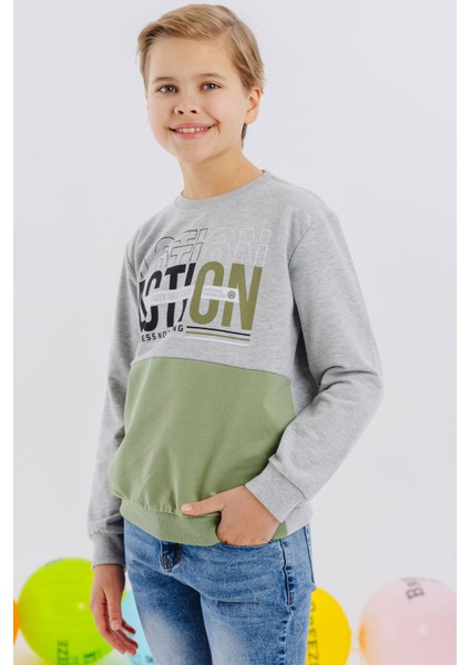 Girls & Boys Erkek Çocuk Sweatshirt Yazı Baskılı 8-12 Yaş, Açık Gri Melanj