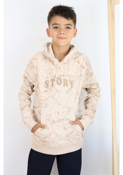 Girls & Boys Erkek Çocuk Sweatshirt Kanguru Cepli Kapüşonlu Yazı Nakışlı 8-12 Yaş, Bej