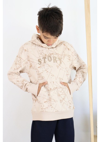 Girls & Boys Erkek Çocuk Sweatshirt Kanguru Cepli Kapüşonlu Yazı Nakışlı 8-12 Yaş, Bej