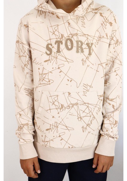 Girls & Boys Erkek Çocuk Sweatshirt Kanguru Cepli Kapüşonlu Yazı Nakışlı 8-12 Yaş, Bej