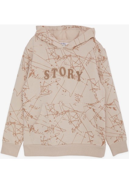 Girls & Boys Erkek Çocuk Sweatshirt Kanguru Cepli Kapüşonlu Yazı Nakışlı 8-12 Yaş, Bej
