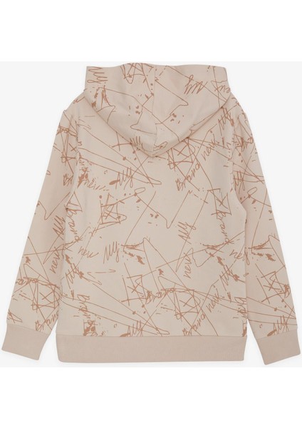 Girls & Boys Erkek Çocuk Sweatshirt Kanguru Cepli Kapüşonlu Yazı Nakışlı 8-12 Yaş, Bej