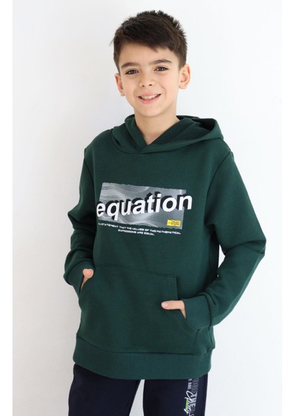 Erkek Çocuk Sweatshirt Yazı Baskılı Kanguru Cepli Kapüşonlu 8-14 Yaş, Koyu Yeşil