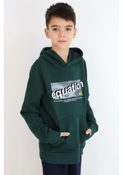 Erkek Çocuk Sweatshirt Yazı Baskılı Kanguru Cepli Kapüşonlu 8-14 Yaş, Koyu Yeşil