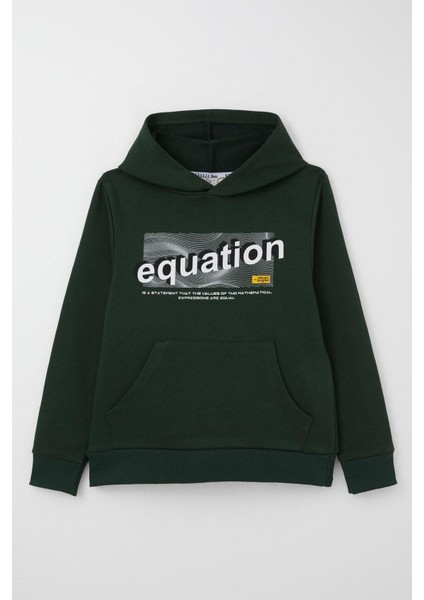 Erkek Çocuk Sweatshirt Yazı Baskılı Kanguru Cepli Kapüşonlu 8-14 Yaş, Koyu Yeşil