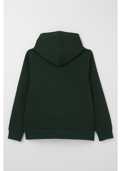 Erkek Çocuk Sweatshirt Yazı Baskılı Kanguru Cepli Kapüşonlu 8-14 Yaş, Koyu Yeşil