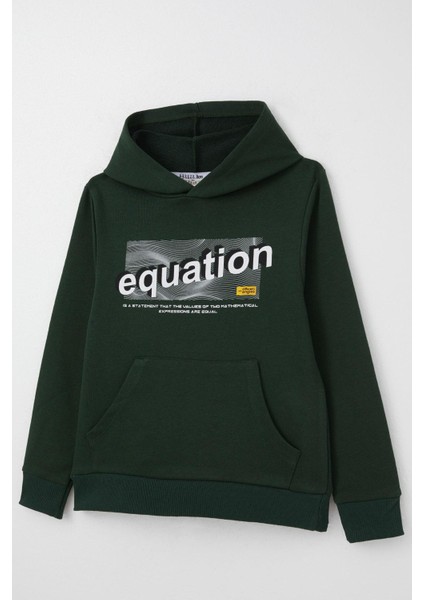 Erkek Çocuk Sweatshirt Yazı Baskılı Kanguru Cepli Kapüşonlu 8-14 Yaş, Koyu Yeşil