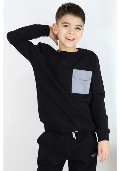 Erkek Çocuk Sweatshirt Kapaklı Cep Detaylı 6-12 Yaş, Siyah