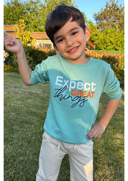 Erkek Çocuk Sweatshirt Yazı Baskılı 4-8 Yaş, Su Yeşili
