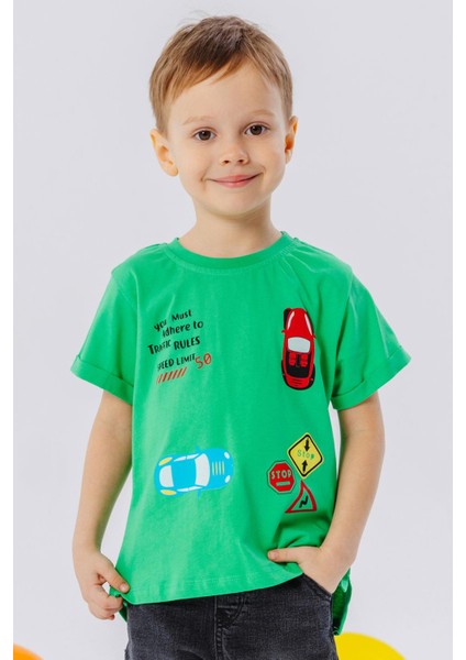 Erkek Çocuk Tişört Slogan Temalı Araba Baskılı 2-6 Yaş, Yeşil