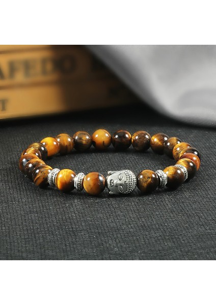 Siyah Yıpranmış Erkek Kadın Yoga Dua Boncuklu Tiger Eye Siyah Lava Taşı Bilezik Budist Başlıklı Moda Takı Pulseira (Yurt Dışından)