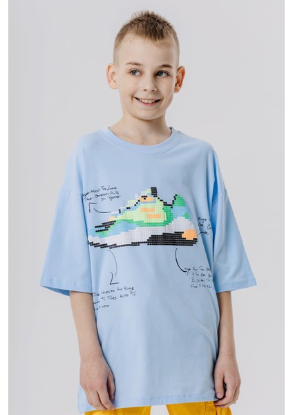Erkek Çocuk Tişört Renkli Ayakkabı Baskılı 9-16 Yaş, Açık Mavi
