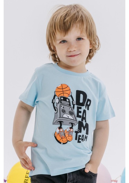 GİRLS & BOYS Erkek Çocuk Tişört Rüya Takım Temalı Basketçi Robot Baskılı 4-8 Yaş, Açık Mavi