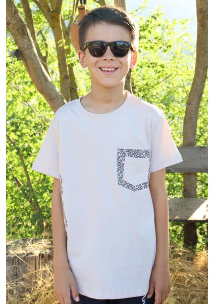 Erkek Çocuk Tişört Yazı Baskılı Cepli 8-12 Yaş, Bej