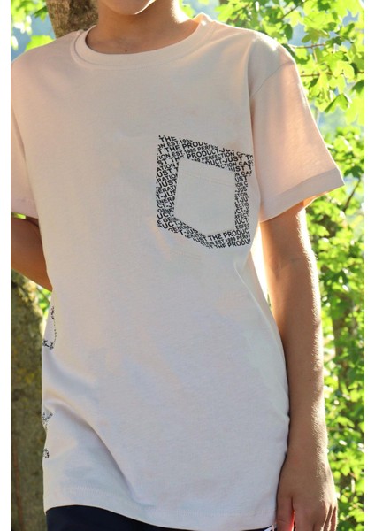 Erkek Çocuk Tişört Yazı Baskılı Cepli 8-12 Yaş, Bej fiyatları