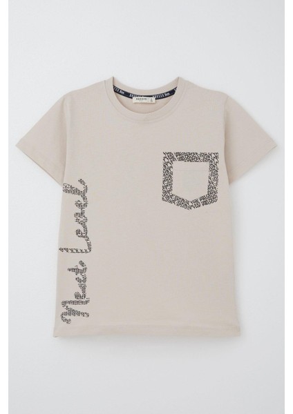 Erkek Çocuk Tişört Yazı Baskılı Cepli 8-12 Yaş, Bej fırsatları