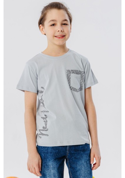 Erkek Çocuk Tişört Yazı Baskılı Cepli 8-12 Yaş, Gri