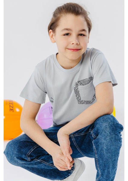 Erkek Çocuk Tişört Yazı Baskılı Cepli 8-12 Yaş, Gri modelleri