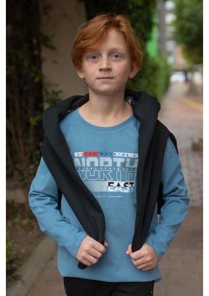 Erkek Çocuk Uzun Kollu Tişört Yazı Baskılı 6-12 Yaş, Indigo